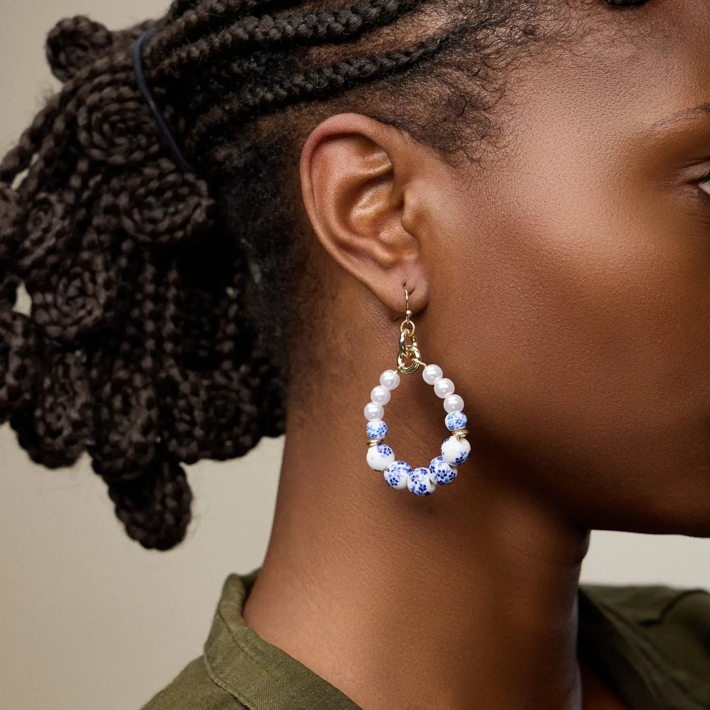 Vintage Floral Ceramic Hoop Earrings