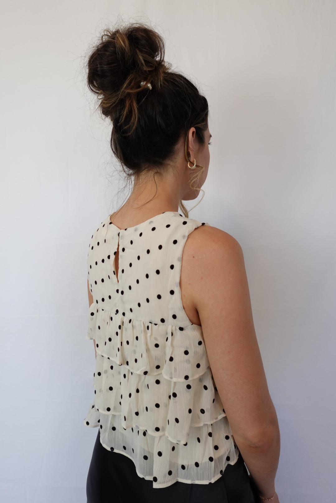 Dolly Polka Dot Tiered Ruffle Sleeveless Blouse