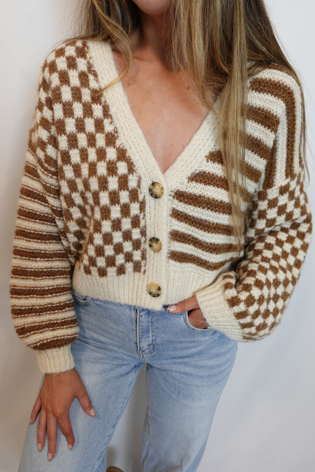 Cozy Vibes Stripe and Checkered Knit Cardigan