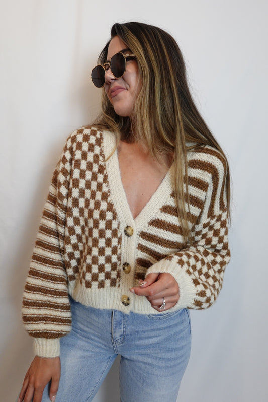 Cozy Vibes Stripe and Checkered Knit Cardigan