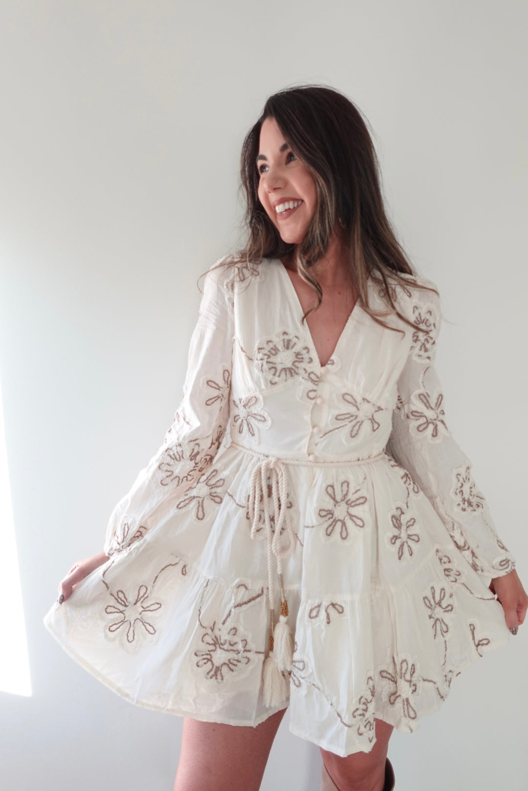 Ivory Meadow Floral Embroidered Mini Dress