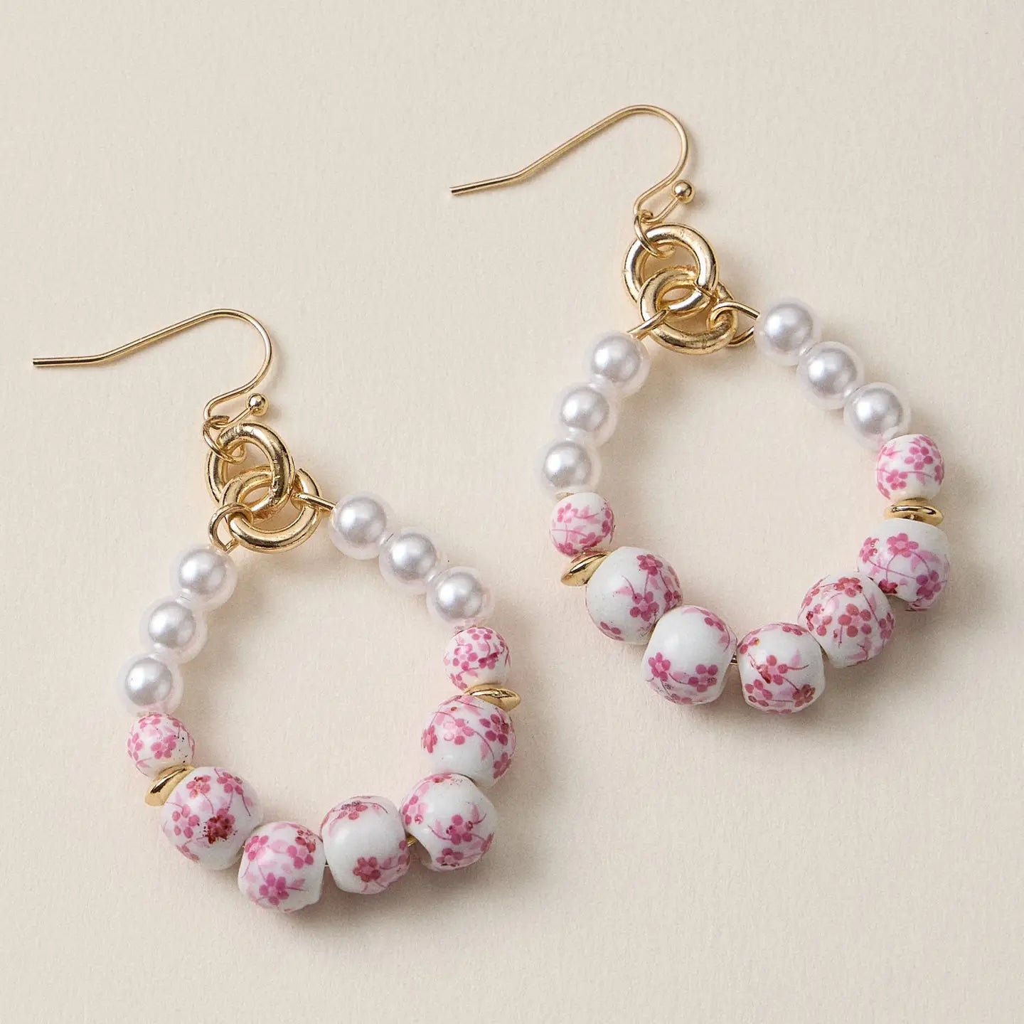 Vintage Floral Ceramic Hoop Earrings